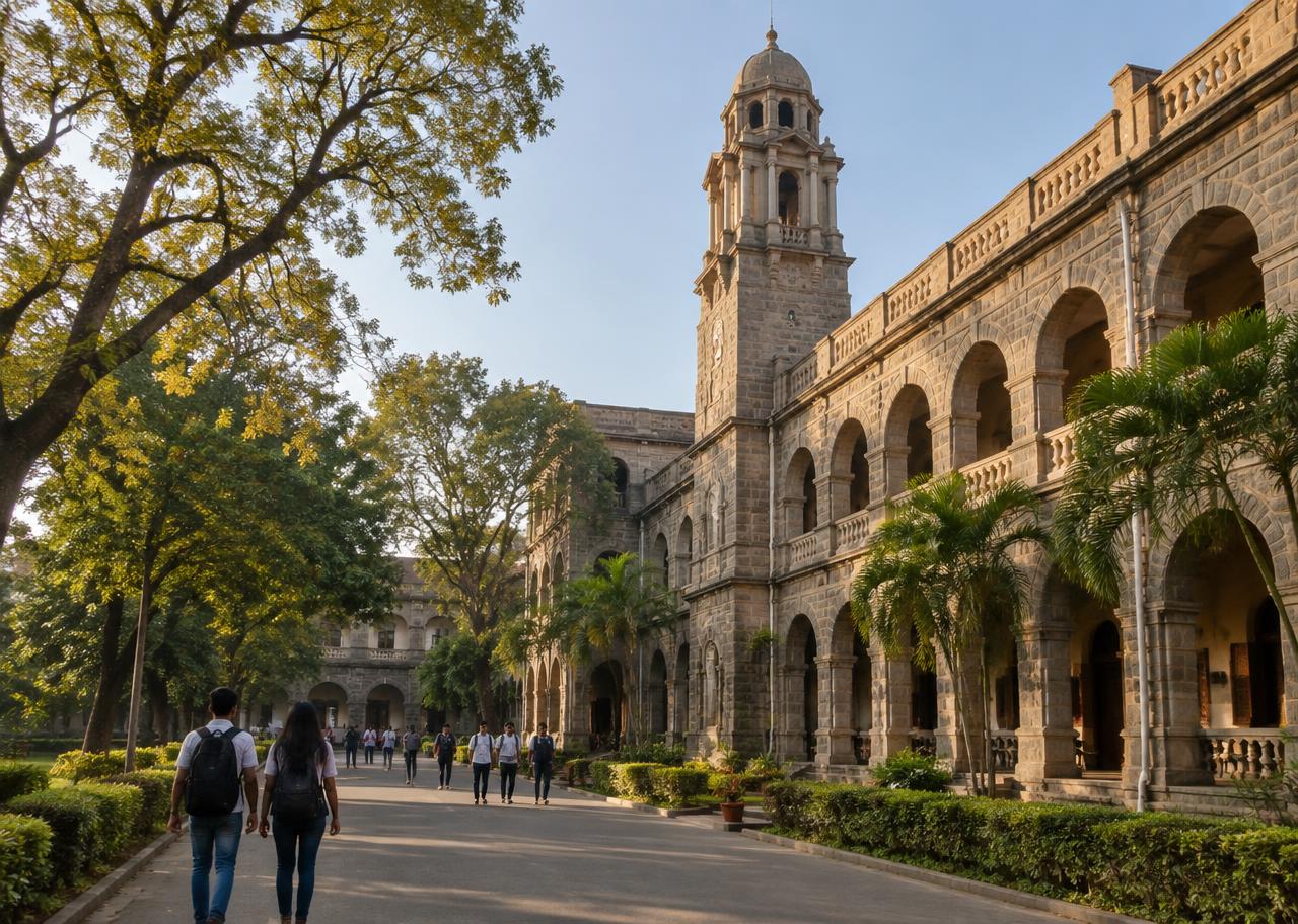 Students walking past a heritage college building in Maharashtra