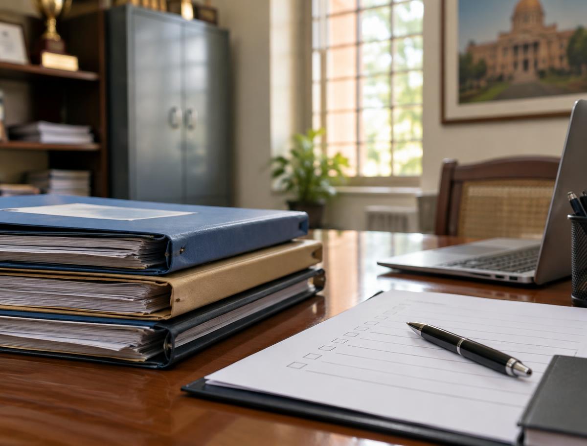 Application files and a verification checklist on a college administrator's desk